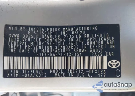 2020 Toyota Corolla Le from USA, damaged, VIN 5YFEPRAE2LP132154